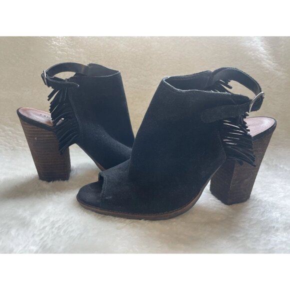 PREOWNED LUCKY BRAND Black Suede Leather Fringe Open Toed Booties Block Heel sz8 - Picture 3 of 11